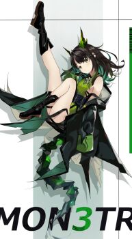 1girl absurdres arknights bare_shoulders black_boots black_hair boots commentary green_background green_eyes green_hair highres long_hair mon3tr_(arknights) multicolored_hair solo thighs two-tone_background two-tone_hair white_background yoru_tukibosi