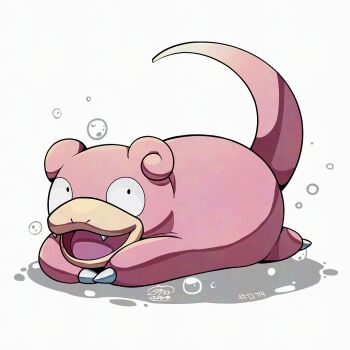 Rule 34 | bubble, gen 1 pokemon, looking at viewer, mistray-art, nintendo, no humans, numbered, open mouth, pink fur, pokemon, pokemon (creature), signature, simple background, slowpoke, solo, tail, white background