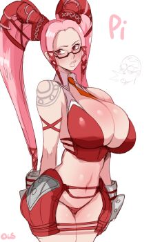 .hack// .hack//g.u. 0lightsource 1girl breasts bustier character_name cleavage commentary cowboy_shot crop_top curvy detached_collar english_commentary glasses highres large_breasts long_hair looking_at_viewer navel necktie orange_necktie panties pi_(.hack//) pink_hair red_bustier red_eyes red_panties revealing_clothes semi-rimless_eyewear solo twintails under-rim_eyewear underwear very_long_hair yata_(.hack//)