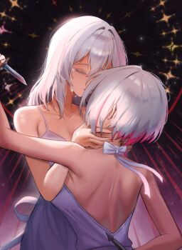 2girls absurdres back backless_dress backless_outfit bare_shoulders breasts commentary crying dress english_commentary goddess_of_victory:_nikke grey_dress highres holding holding_behind_back holding_knife holding_knife_behind_back knife liliweiss_(nikke) long_hair maviss_03 medium_breasts multicolored_hair multiple_girls pink_hair short_hair snow_white_(nikke) tears two-tone_hair white_hair