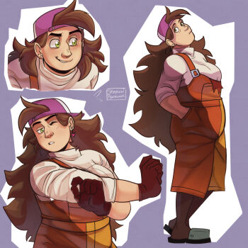 1girl absurdres artist_name backwards_hat brown_gloves brown_hair earrings francesca_(knights_of_guinevere) gloves green_eyes grey_background hands_in_pockets hat highres jewelry knights_of_guinevere long_hair multiple_views overalls pantyhose pink_hat shirt skeptical-rainbows slippers smile solo standing stretching very_long_hair white_shirt