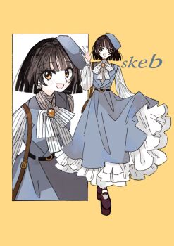 1girl :d bag belt black_hair blue_dress blue_hat brown_bag brown_eyes commission dress frilled_dress frills handbag hat highres looking_at_viewer medium_hair multiple_views open_mouth original shoulder_bag simple_background skeb_commission smile standing waving yasu_urayaka yellow_background