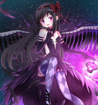1girl akemi_homura akuma_homura argyle_clothes argyle_pantyhose black_dress black_feathers black_gloves black_hair bow breasts cleavage commentary dress elbow_gloves feathered_wings feathers gloves hair_bow hairband happy_candy_ooo high-low_dress highres long_hair looking_at_viewer mahou_shoujo_madoka_magica mahou_shoujo_madoka_magica:_hangyaku_no_monogatari red_bow red_hairband sitting solo window wings