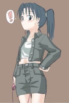 Rule 34 | !, 00s, 1girl, amasawa yuuko, blush, caught, denim, denim skirt, dennou coil, egg vibrator, female focus, geargear, glasses, jacket, midriff, sex toy, skirt, solo, sweatdrop, twintails, vibrator