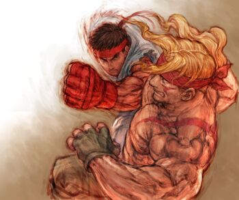 Rule 34 | 2boys, abs, alex (street fighter), blonde hair, blue eyes, bodypaint, boxing gloves, clenched teeth, dodging, dougi, facepaint, fighting, fingerless gloves, game cg, gloves, headband, highres, long hair, male focus, multiple boys, muscular, non-web source, official art, overalls, ponytail, punching, red headband, ryu (street fighter), street fighter, street fighter iii (series), teeth, topless male