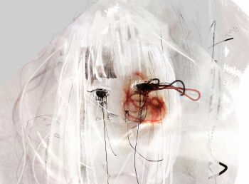 Rule 34 | 1girl, abstract, absurdres, blood, facing viewer, highres, long hair, original, portrait, seyooe, solo, spot color, white background, white theme