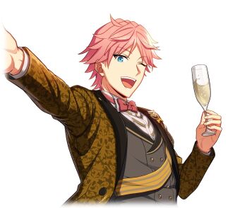 Rule 34 | 1boy, animal print, blue eyes, bow, bowtie, buttons, champagne flute, collared shirt, cup, dino albani, drinking glass, game cg, happy elements, helios rising heroes, holding, holding cup, jacket, long sleeves, looking at viewer, male focus, non-web source, official art, one eye closed, open clothes, open mouth, pink bow, pink hair, shirt, short hair, smile, solo, teeth, transparent background, upper body, upper teeth only, vest