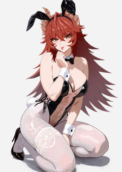 1girl absurdres alternate_costume animal_ears black_leotard breasts cleavage collar commentary detached_collar fake_animal_ears fake_tail fang highres indie_virtual_youtuber large_breasts leotard looking_at_viewer meibin pantyhose rabbit_ears rabbit_tail red_hair skin_fang smile solo strapless strapless_leotard tail tongue tongue_out virtual_youtuber white_collar white_pantyhose white_wrist_cuffs wrist_cuffs yellow_eyes zentreya zentreya_(dragon)