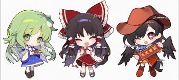 +_+ 3girls :d ;d ^_^ ascot black_hair black_shoes black_wings blue_ascot blue_skirt boots bow brown_boots brown_hat chibi chibi_only closed_eyes closed_mouth collared_shirt commission cowboy_hat detached_sleeves facing_viewer food frilled_bow frilled_hair_tubes frills frog_hair_ornament full_body green_eyes green_hair hair_bow hair_ornament hair_tubes hakurei_reimu happy_new_year hat highres holding holding_food holding_scroll hongbao kochiya_sanae kurokoma_saki loafers long_hair long_sleeves looking_at_viewer mary_janes multiple_girls new_year one_eye_closed open_mouth red_bow red_eyes red_ribbon red_shirt red_skirt ribbon ribbon-trimmed_skirt ribbon-trimmed_sleeves ribbon_trim scroll shirt shoes simple_background skirt sleeveless sleeveless_shirt smile snake_hair_ornament socks touhou very_long_hair watermark white_background white_ribbon white_shirt white_sleeves white_socks wide_sleeves wings yinco
