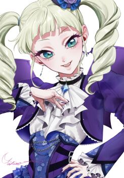 Rule 34 | 1girl, absurdres, aikatsu!, aikatsu! (series), ascot, bat earrings, bat wings, blonde hair, blunt bangs, commentary request, drill hair, earrings, fake wings, hand on own chest, hand on own hip, hand up, highres, jacket, jewelry, juliet sleeves, long hair, long sleeves, looking at viewer, open mouth, puffy sleeves, purple jacket, shirt, simple background, smile, solo, todo yurika, tsukishiro yunatsu, twin drills, twintails, upper body, white ascot, white background, white shirt, wings