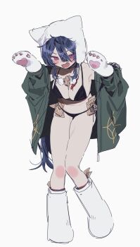1girl :3 :d animal_hands animal_hat arisugawa_dice banknote bare_shoulders bikini black_bikini blue_hair blush boots breasts cat_hat cat_paws cleavage double-parted_bangs fang full_body fur_hat genderswap genderswap_(mtf) hair_between_eyes hat highres hypnosis_mic jacket knee_blush long_sleeves looking_at_viewer medium_hair mittens money money_between_breasts navel object_in_clothes object_in_panties open_clothes open_jacket open_mouth patzzi paw_pose paw_shoes pink_eyes shoes sidelocks smile solo standing string_bikini swimsuit tassel thighs tucked_money white_background white_hat white_mittens