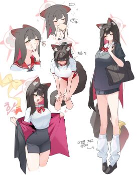 ... 1girl :/ absurdres alternate_costume animal_ears bag black_bra black_hair black_shoes black_skirt black_sweater blue_archive blunt_ends blush bow bowtie bra bra_visible_through_clothes bread bread_slice breasts buruma cleavage colored_inner_hair commentary_request cropped_legs diagonal-striped_bow diagonal-striped_bowtie diagonal-striped_clothes dress_shirt eating eyeshadow fang food fox_ears fox_girl fox_tail full_body gym_shirt gym_uniform halo heart highres korean_commentary korean_text large_breasts long_hair looking_at_viewer loose_socks makeup miniskirt multicolored_hair multiple_views partial_commentary pencil_skirt red_bow red_bowtie red_buruma red_eyeshadow red_hair red_sailor_collar sailor_collar school_bag school_uniform serafuku shirt shirt_tucked_in shoes simple_background skin_fang skirt sleepy smsm516 socks spoken_ellipsis spoken_heart squeans straight_hair striped_bow striped_bowtie striped_clothes sweater tail tail_bow tail_ornament toast two-tone_hair underwear v v_over_mouth very_long_hair wakamo_(blue_archive) white_background white_shirt white_socks