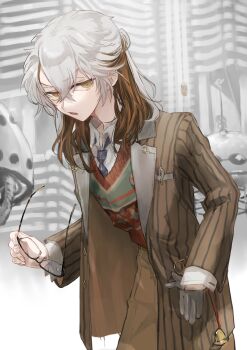 Rule 34 | 1other, :o, blue necktie, brown hair, brown jacket, brown shorts, collared shirt, glasses, green vest, hand in pocket, highres, holding, holding removed eyewear, indoors, jacket, karako (red-tea), leaning forward, long sleeves, looking at viewer, medicine pocket, medicine pocket (the cosmos photographer), medium hair, multicolored hair, necktie, object in pocket, official alternate costume, pen in pocket, pinstripe jacket, pinstripe pattern, pocket, red vest, reverse:1999, shirt, shorts, striped clothes, striped jacket, sweater vest, two-tone hair, two-tone vest, unworn eyewear, v-shaped eyebrows, vertical-striped clothes, vertical-striped jacket, vest, white hair, white shirt, yellow eyes