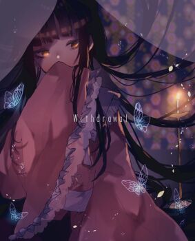 1girl black_hair blunt_bangs blurry blurry_background bug butterfly candle commentary_request covering_own_mouth english_text frilled_sleeves frills hand_over_own_mouth houraisan_kaguya insect long_hair long_sleeves looking_at_viewer one-hour_drawing_challenge shinjitsu_no_kuchi sleeves_past_fingers sleeves_past_wrists solo touhou upper_body very_long_hair white_butterfly wide_sleeves yellow_eyes