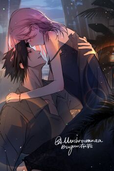 1boy 1girl arm_around_back bare_shoulders black_dress black_hair bracelet collared_shirt couple curtains dress green_eyes grey_shirt haruno_sakura hetero highres indoors jewelry long_dress looking_at_another medium_hair mushroomuaa naruto_(series) parted_bangs parted_lips pink_hair plant potted_plant shirt short_hair sleeveless sleeveless_dress spaghetti_strap strap_slip twitter_username uchiha_sasuke