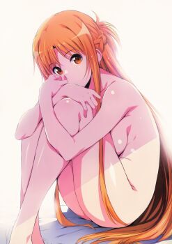 1girl absurdres asuna_(sao) bed bed_sheet braid breasts brown_eyes completely_nude half_up_half_down_braid highres island_(kossori) knees_up large_breasts long_hair long_sidelocks looking_at_viewer nude on_bed scan sidelocks simple_background sitting solo sword_art_online thighs very_long_hair very_long_sidelocks white_background