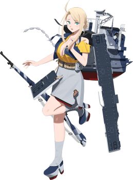 1girl anti-aircraft anti-aircraft_gun apron asymmetrical_hair bad_link belt blonde_hair blue_eyes blue_neckerchief blue_shirt bolt_action breasts brown_belt burnt_clothes flight_deck full_body grey_skirt gun kantai_collection large_breasts long_hair looking_at_viewer m1903_springfield machinery multicolored_neckerchief neck_pillow neckerchief oerlikon_20mm_gun rifle rigging shibafu_(glock23) shirt skirt standing transparent_background wasp_(kancolle) weapon yellow_shirt