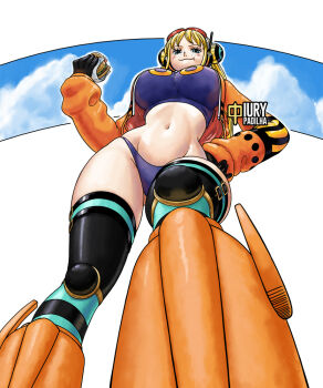 1girl artist_logo blonde_hair blue_sky boots breasts burger curvy eating food foreshortening hand_on_own_hip holding holding_burger holding_food iury_padilha jacket logo looking_at_viewer low_angle navel one_piece orange_boots revealing_clothes shiny_skin sky solo standing stomach tall_female thong twintails vegapunk_york wide_hips
