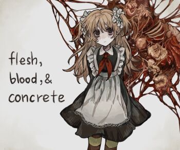 1girl apron arms_behind_back black_dress black_eyes chinese_commentary closed_mouth collared_shirt commentary_request copyright_name cowboy_shot dress flat_chest flesh_blood_&amp;_concrete guro hair_between_eyes hair_ornament hair_scrunchie harufubuki highres long_hair long_sleeves neckerchief nika_(flesh_blood_&amp;_concrete) orange_hair pantyhose red_neckerchief scrunchie shirt solo soviet_school_uniform striped_clothes striped_pantyhose two_side_up white_apron white_scrunchie
