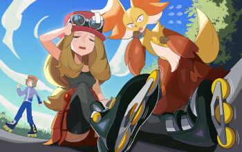 1boy 1girl =_(9_yawbus) bandages blonde_hair blue_sky broken_eyewear brown_hair calem_(pokemon) closed_eyes cloud commentary_request crack crying day delphox fallen_down fangs flying_sweatdrops from_below gen_6_pokemon hand_up hat highres jacket leaning_forward long_hair looking_at_another nintendo open_mouth outdoors pokemon pokemon_(creature) pokemon_xy roller_skates sad serena_(pokemon) shirt short_hair sitting skates skirt sky sleeveless sleeveless_shirt standing sunglasses sunglasses_on_head sweatdrop tank_top thick_thighs thighhighs thighs tree