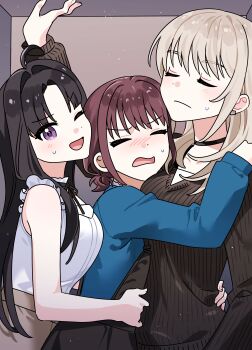 3girls absurdres awa_subaru bare_arms black_choker black_hair black_skirt black_sweater blue_shirt blush choker closed_eyes closed_mouth commentary_request earclip girls_band_cry habsida_(habsida_hpy) hand_on_another&#039;s_waist highres iseri_nina kawaragi_momoka korean_commentary light_brown_hair long_hair long_sleeves multiple_girls one_eye_closed open_mouth purple_eyes red_hair shirt short_twintails skirt sleeveless sleeveless_shirt stuck_in_a_box suspender_skirt suspenders sweatdrop sweater twintails upper_body white_shirt yuri