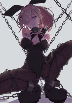 1girl absurdres animal_ear_hairband animal_ears bdsm blonde_hair blue_eyes bondage bound breasts chain collar commentary_request cuffs electrostimulation fake_animal_ears fake_tail female_focus grin hair_over_one_eye hairband highres large_breasts looking_at_viewer menou_74 metal_collar nijisanji pantyhose playboy_bunny ponytail pussy_juice rabbit_ear_hairband rabbit_ears rabbit_tail shackles simple_background smile solo squatting striped_clothes striped_pantyhose suzuhara_lulu tail variant_set virtual_youtuber
