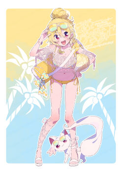 1girl :d ankle_lace-up arm_up bag bikini blonde_hair blue_background blush border breasts cleavage commentary_request dot_nose eyewear_on_head full_body hair_between_eyes hair_bun highres kyubey large_breasts looking_at_viewer magia_record:_mahou_shoujo_madoka_magica_gaiden mahou_shoujo_madoka_magica open_mouth outline outside_border red_eyes sandals serizawa_serizane short_hair single_hair_bun smile standing sunglasses swimsuit togame_momoko two-tone_background v-shaped_eyebrows white_border white_outline white_sandals yellow_background yellow_bikini