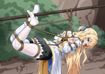 1girl absurdres ass asymmetrical_legwear bdsm between_buttocks bit_gag blonde_hair bondage bound breasts carrying gag goblin_slayer! helpless highres leggings priestess_(goblin_slayer!) shibari suspension tribal_carry