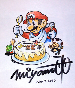 Rule 34 | 10s, 2010, 2boys, anniversary, artist name, blue eyes, bob-omb, brown hair, cake, dated, eating, facial hair, food, hat, koopa, lowres, mario, mario (series), miyamoto shigeru, multiple boys, mushroom, mustache, nintendo, overalls, signature, simple background, star (symbol), super mario bros. 1, toad (mario), white background