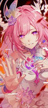 1girl bare_shoulders breasts commentary corrupted_twitter_file cyrene_(honkai:_star_rail) diamond-shaped_pupils diamond_(shape) dress earrings fingernails flower glitch hair_flower hair_intakes hair_ornament hand_up highres honkai:_star_rail honkai_(series) jewelry looking_at_viewer medium_breasts nail_polish parted_lips pink_nails pink_petals pochimaru_(marumaru_wanwan) pointy_ears purple_flower purple_rose rose sidelocks smile solo symbol-shaped_pupils upper_body white_dress