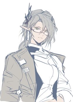 Rule 34 | 1girl, absurdres, arknights, asymmetrical bangs, asymmetrical horns, black horns, brown jacket, closed mouth, demon girl, earrings, glasses, green eyes, grey hair, hair between eyes, half-closed eyes, highres, horns, jacket, jewelry, lapels, long hair, nasti (arknights), open clothes, open jacket, pointy ears, shirt, sketch, tassel, tassel earrings, uneven horns, white shirt, ywys111o