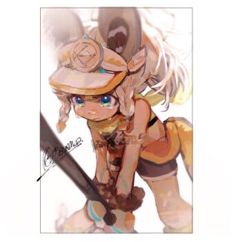 1girl animal_ears armlet artist_name bandaid bandaid_on_face bandaid_on_leg bandana bandana_around_neck black_shorts blue_eyes border braid braided_sidelocks brown_hair chinchilla_ears closed_mouth clothes_around_waist commentary_request crossed_bandaids crying crying_with_eyes_open danam_2 dark-skinned_female dark_skin fur-trimmed_mittens fur_trim genshin_impact green_bandana high_ponytail holding holding_polearm holding_weapon jewelry kachina_(genshin_impact) leaning_forward long_hair mittens polearm ponytail shirt short_shorts shorts sidelocks signature simple_background sleeveless sleeveless_shirt solo standing tears twitter_username v-shaped_eyebrows visor_cap weapon white_background white_border white_mittens