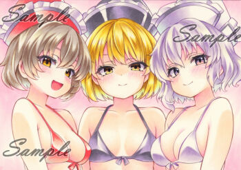 3girls alternate_costume bikini black_bikini black_hat blonde_hair blush breasts brown_hair cleavage closed_mouth collarbone commentary_request halterneck hat looking_at_viewer lunasa_prismriver lyrica_prismriver merlin_prismriver miyakooo0420 multiple_girls orange_eyes purple_bikini purple_hair red_bikini red_hat sample_watermark smile swimsuit touhou traditional_media watermark white_hat yellow_eyes