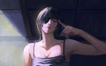 1girl absurdres artist_name black_camisole blue_eyes breasts camisole chainsaw_man cleavage closed_mouth eyepatch highres himeno_(chainsaw_man) hxgn_909 indoors looking_at_viewer pointing pointing_at_self short_hair solo