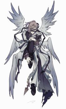 1boy angel_wings black_coat black_pants black_shoes blindfold blindfold_slip brown_hair closed_eyes closed_mouth coat collar facing_viewer feathered_wings full_body hair_over_one_eye hand_on_own_foot hand_on_own_knee highres invisible_chair kanae_(nijisanji) knee_up long_hair long_sleeves male_focus mole mole_under_eye multicolored_coat multiple_wings nijisanji official_alternate_costume pants ponytail shawl shoes short_ponytail simple_background single_sidelock sitting sleeve_cuffs smile solo sudooru_haru torn_clothes two-tone_coat virtual_youtuber white_background white_coat white_shawl white_wings wings
