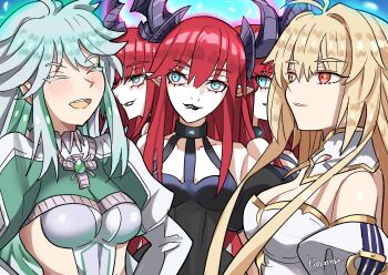 5girls archetype_earth arcueid_brunestud bare_shoulders black_dress black_lips blonde_hair blue_eyes blush breasts caravthir cleavage closed_eyes detached_sleeves dress eliza_arsia eliza_ascreaus eliza_pavonis elizabeth_bathory_(fate) fate/grand_order fate_(series) gold_trim green_dress green_hair hair_between_eyes highres horns king_eliza kukulkan_(fate) kukulkan_(second_ascension)_(fate) lipstick long_hair makeup monster_girl multiple_girls open_mouth puffy_sleeves red_eyes red_hair smile trait_connection tsukihime tsukihime_(remake) wavy_hair white_dress