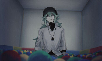 1boy arms_at_sides ball_pit bansookoo. baseball_cap black_hat black_shirt blurry blurry_foreground commentary_request dress_shirt facing_viewer green_hair grey_eyes grey_pants hat highres indoors jewelry liminal_space long_sidelocks looking_ahead looking_up low_ponytail male_focus n_(pokemon) necklace nintendo pants partially_unbuttoned pokemon pokemon_bw ponytail shirt shirt_under_shirt sidelocks sleeves_rolled_up untucked_shirt upper_body white_shirt