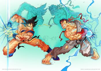 Rule 34 | 2boys, angry, arms up, barefoot, battle, black hair, blue eyes, blue footwear, boots, capcom, clenched teeth, crossover, dougi, dragon ball, dragonball z, fighting, fingerless gloves, fingernails, gloves, green eyes, hairband, highres, karate gi, knees, male focus, multiple boys, muscular, nail (hardware), ryu (street fighter), short hair, simple background, son goku, sparkle, spiked hair, street fighter, street fighter i, teeth, tunde jaji (artist), wristband