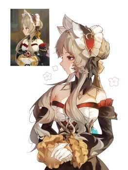 1girl black_dress breasts brown_hair commentary detached_sleeves dress game_screenshot_inset genshin_impact gloves headdress highres kbnimated large_breasts reference_inset sandrone_(genshin_impact) screenshot_inset short_hair_with_long_locks simple_background solo white_background