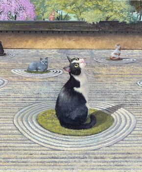 animal animal_focus cat cherry_blossoms commentary day highres matsumoto_ryohei no_humans original outdoors rock_garden symbol-only_commentary tree