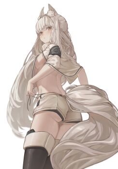 1girl absurdres animal_ear_fluff animal_ears arknights ass bare_back bike_shorts bike_shorts_under_shorts blush breasts brown_eyes capelet closed_mouth clothes_lift commentary commentary_request from_behind from_below highres horse_ears horse_girl horse_tail long_hair looking_at_viewer no_bra platinum_(arknights) shorts simple_background solo tail thighhighs very_long_hair white_capelet white_hair white_shorts yueyue_no_hand