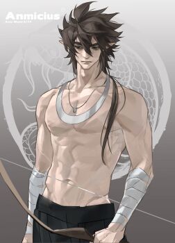 Rule 34 | 1boy, abs, absurdres, alternate hair length, alternate hairstyle, anmicius, aotu world, arrow (projectile), bandaged arm, bandages, black hair, black pants, bow (weapon), brown hair, character name, closed mouth, collarbone, cowboy shot, english text, gradient background, green eyes, grey background, hair between eyes, highres, holding, holding arrow, holding bow (weapon), holding weapon, jewelry, long hair, looking at viewer, low ponytail, male focus, muscular, muscular male, navel, necklace, nipples, pants, pectorals, pointy ears, ponytail, solo, topless male, weapon, yigeniuren