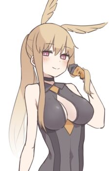 1girl bare_shoulders black_gloves black_one-piece_swimsuit blonde_hair blush breasts choker cleavage cleavage_cutout clothing_cutout fate/grand_order fate_(series) gloves head_wings highres kopaka_(karda_nui) large_breasts long_hair looking_at_viewer one-piece_swimsuit open_clothes open_mouth red_eyes sidelocks smile solo swimsuit thrud_(fate) thrud_(swimsuit_assassin)_(fate) valkyrie_(fate) wings