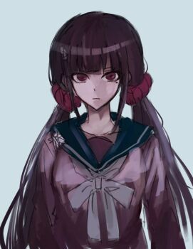 Rule 34 | 1girl, black hair, blunt bangs, brown hair, commentary request, danganronpa (series), danganronpa v3: killing harmony, hair ornament, hair scrunchie, harukawa maki, highres, long hair, long sleeves, looking at viewer, low twintails, mole, mole under eye, red eyes, red scrunchie, red shirt, rootdr 27, sailor collar, school uniform, scrunchie, shirt, solo, twintails