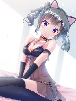 1girl absurdres animal_ear_hairband animal_ears arm_strap babydoll bare_shoulders between_breasts between_legs black_babydoll black_gloves black_hair black_hairband black_panties black_straps black_thighhighs blue_eyes blush bow breasts cat_ear_hairband cat_ears chain chain_leash cleavage collar collarbone commentary dot_nose dutch_angle elbow_gloves fake_animal_ears getsuyoshi gloves hairband hand_between_legs head_tilt highres itsumura_yukari leash lingerie looking_at_viewer medium_breasts medium_hair on_bed panties parted_lips pink_bow re:stage! red_collar short_twintails side-tie_panties sidelocks sitting solo spaghetti_strap string_panties thighhighs twintails underwear wariza