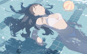 Rule 34 | 1girl, ball, beachball, bikini, black hair, closed eyes, floating, original, partially submerged, pool, samu eri, solo, swimsuit, white bikini