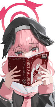 1girl black_hat black_wings blue_archive blush covering_face feathered_wings gim111035 halo hat head_wings koharu_(blue_archive) long_hair looking_at_viewer neckerchief pink_hair pink_neckerchief red_eyes red_halo sailor_collar sidelocks single_bare_shoulder solo upper_body white_sailor_collar wings