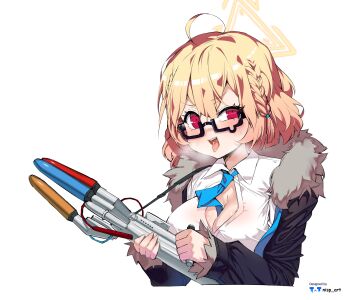 1girl absurdres between_breasts blonde_hair blue_archive braid breasts cleavage fur-trimmed_jacket fur_trim glasses halo highres jacket kotori_(blue_archive) necktie necktie_between_breasts nisp_art open_mouth red_eyes shirt solo steam teardrop-framed_glasses tongue tongue_out white_shirt
