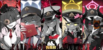 Rule 34 | 5girls, absurdres, between breasts, black choker, black coat, black gloves, black jacket, black necktie, blue archive, book, breasts, camera, chiaki (blue archive), choker, cleavage, coat, coin, coin on string, column lineup, commentary, demon horns, evil smile, gloves, glowing, glowing eyes, grin, group name, halo, hat, highres, holding, holding book, holding camera, holding pendulum, horns, ibuki (blue archive), iroha (blue archive), jacket, large breasts, logo, looking at viewer, makoto (blue archive), multiple girls, neck ribbon, necktie, necktie between breasts, painterliuhao, pandemonium society (blue archive), peaked cap, pendulum, pointy ears, red necktie, red ribbon, ribbon, satsuki (blue archive), sleeves past fingers, sleeves past wrists, smile, upper body