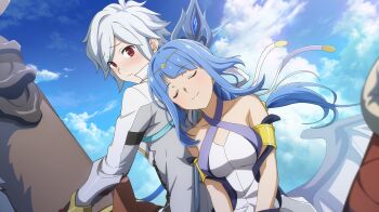 1boy 1girl anime_coloring armlet artemis_(danmachi) bare_shoulders bell_cranel blue_dress blue_hair blue_sky blunt_bangs blush breasts circlet closed_eyes closed_mouth cloud cloudy_sky criss-cross_halter danmachi_battle_chronicle dress dungeon_ni_deai_wo_motomeru_no_wa_machigatteiru_darou_ka embarrassed game_cg gold_armlet gold_circlet halterneck highres jacket jewelry leaning_on_person long_hair looking_back low-tied_long_hair medium_breasts multicolored_dress non-web_source official_alternate_costume official_art polearm red_eyes riding_dragon short_hair sidelocks sky sleeveless sleeveless_dress smile two-tone_dress weapon white_dress white_hair white_jacket